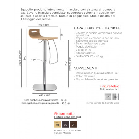 519 Sgabello girevole altezza regolabile in acciaio cromato, sedile in legno