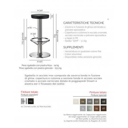 520  Sgabello cromato o nero, sedile in ecopelle nera