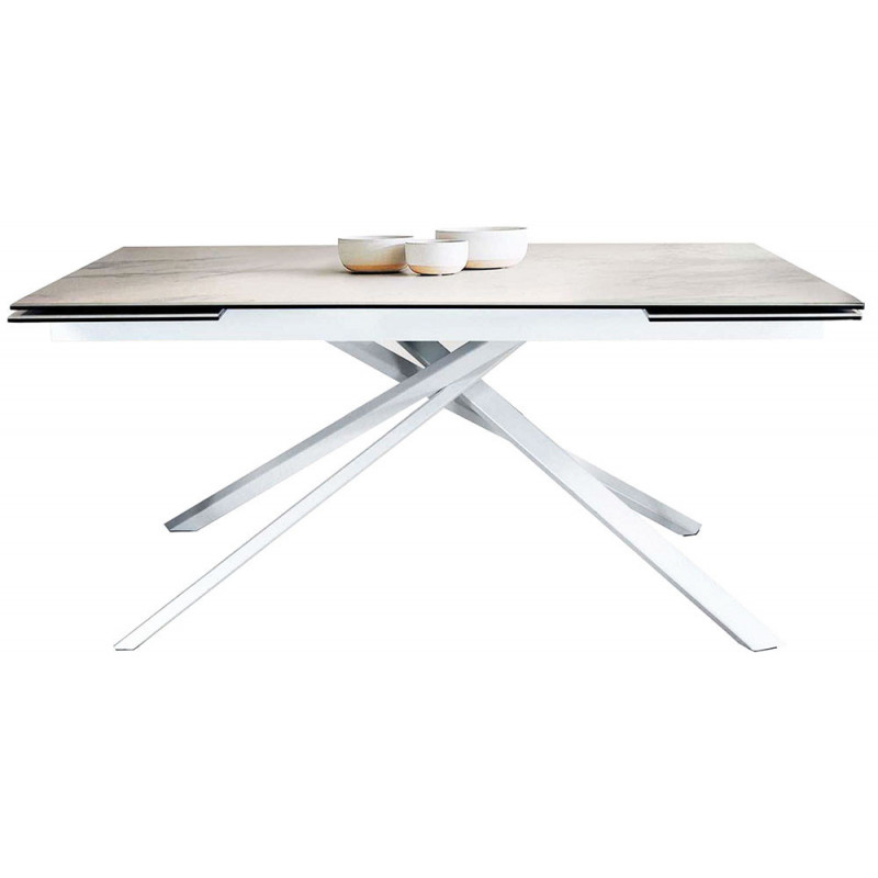 2263  Tavolo allungabile con base in metallo e piano in vetro/ceramica marmo bianco