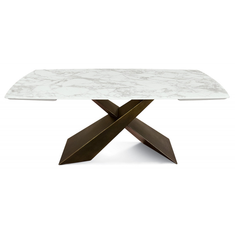 2306  Bronze metal table base, white marble effect ceramic top