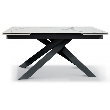 2312  Tavolo con base bianca in metallo, piano in ceramica lucida effetto marmo