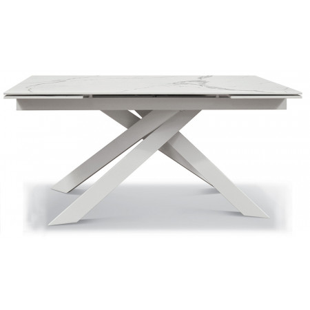 2312  Tavolo con base bianca in metallo, piano in ceramica lucida effetto marmo