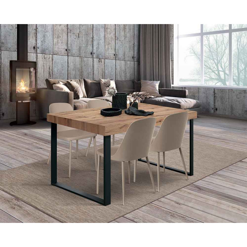 2318  Tavolo con base in metallo, piano allungabile rovere, cemento, o bianco