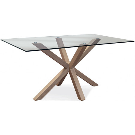 2338  Tavolo con base in legno, piano fisso in vetro temperato