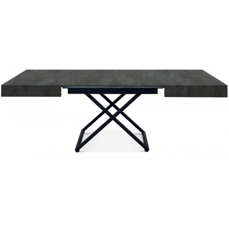 2350  Metal convertible coffee table base, durmast, oxidized steel, or cement grey extending top