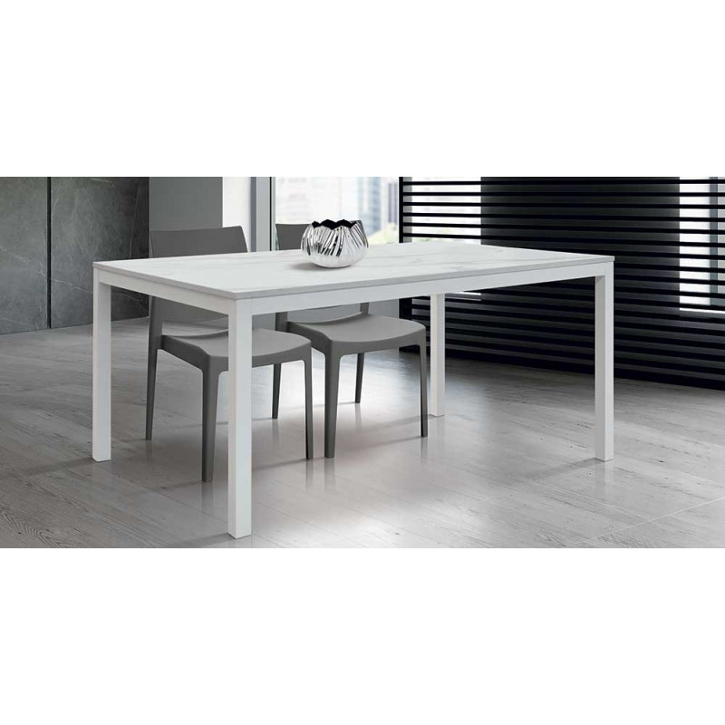 2351  Folding or extending table with metal base, white melamine marble effect top