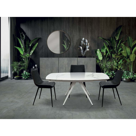 2356  Tavolo allungabile con base in metallo, piano rotante in ceramica effetto marmo bianco