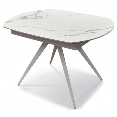 2356  Tavolo allungabile con base in metallo, piano rotante in ceramica effetto marmo bianco