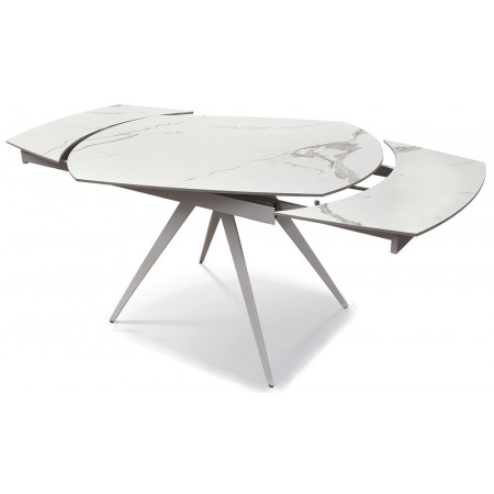 2356  Tavolo allungabile con base in metallo, piano rotante in ceramica effetto marmo bianco