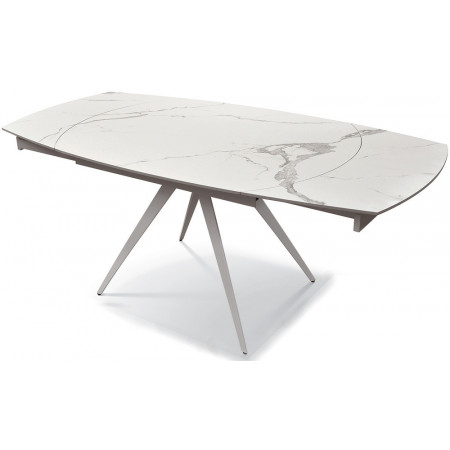2356  Tavolo allungabile con base in metallo, piano rotante in ceramica effetto marmo bianco