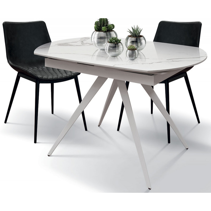 2356  Extending table with metal table base, ceramic rotating top white marble effect