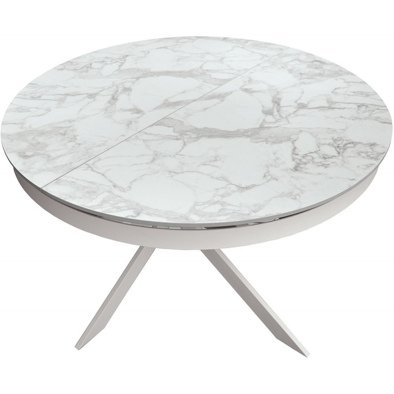 2357  Extending table with metal table base, ceramic top white marble effect