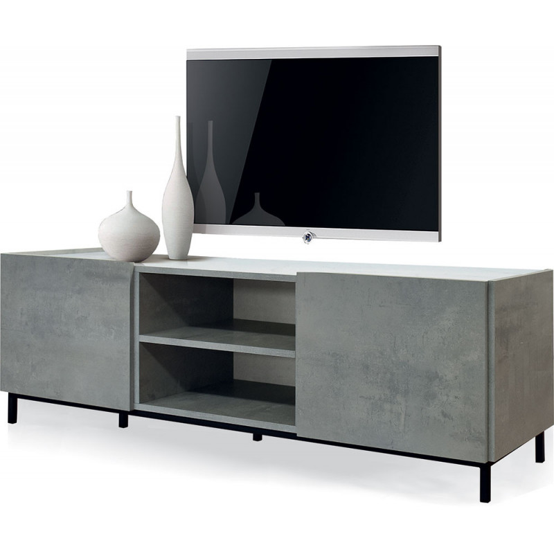 2386  Cement grey melamine 2 amortized doors TV stand furniture, white marble effect top