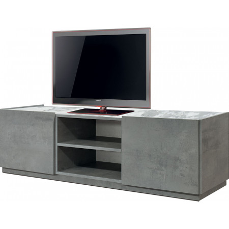 2386  Cement grey melamine 2 amortized doors TV stand furniture, white marble effect top