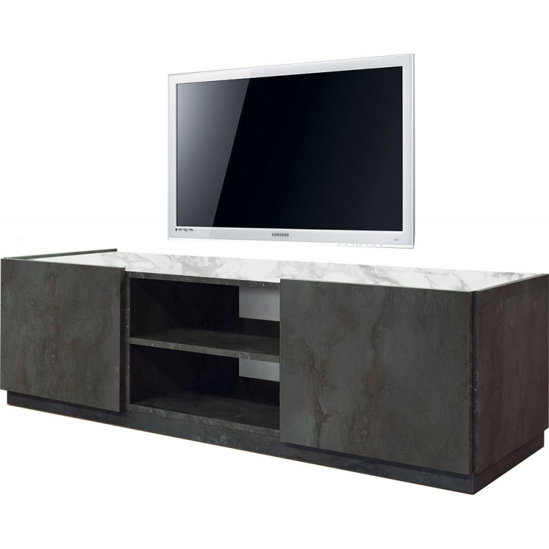 2387  Oxidized steel melamine 2 amortized doors TV stand furniture, white marble effect top