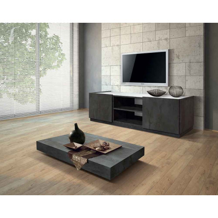 2387 Porta TV 2 ante in melaminico acciaio ossidato, piano effetto marmo bianco