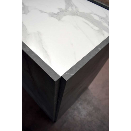 2387  Oxidized steel melamine 2 amortized doors TV stand furniture, white marble effect top