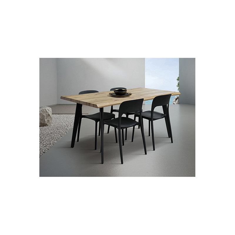 2411  Black metal table base, aged durmast wood melamine veneered fixed top