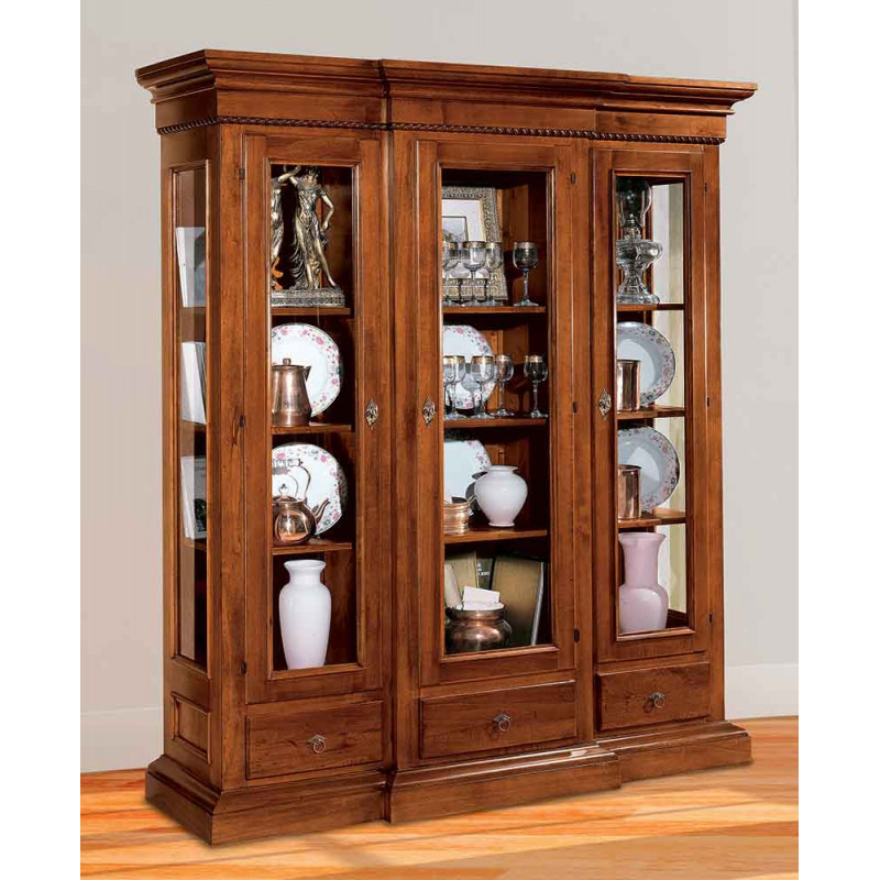 2574  Raw or finished wooden 3 doors showcase-bookcase, finishes to customer choice