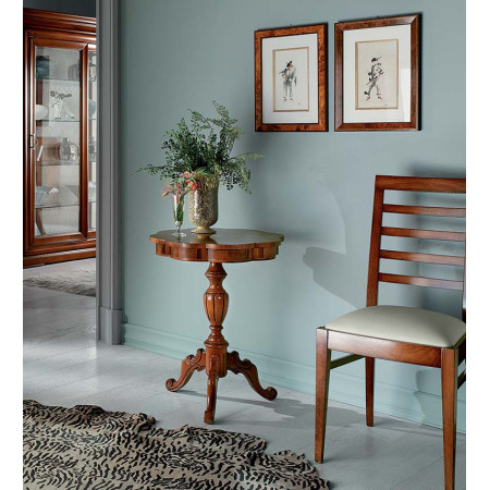 2595  Raw or finished walnut inlaid round smal table, finishes to customer choice