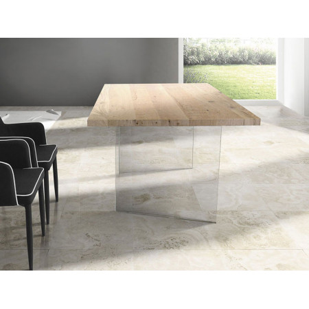 2259 Tempered glass table base, oak wood veneered top natural finished