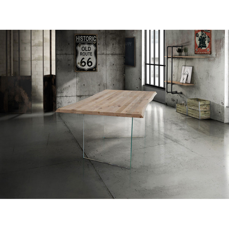 2258 Tavolo fisso con base in vetro temperato e piano in rovere massello