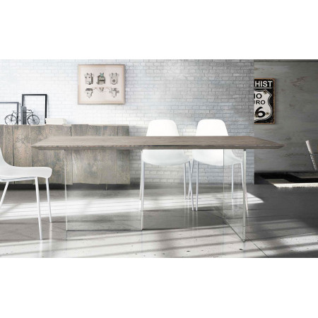 2261 Tempered glass table base, solid durmast wood table top