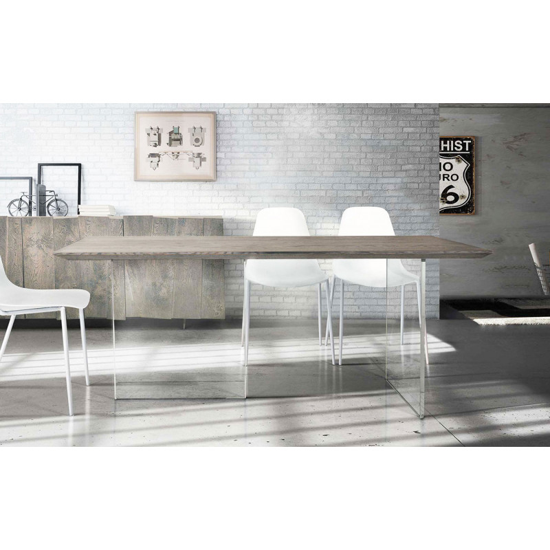 2261 Tempered glass table base, solid durmast wood table top