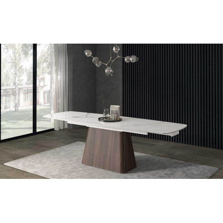 2305  Walnut metal table base, white statuary marble effect ceramic top