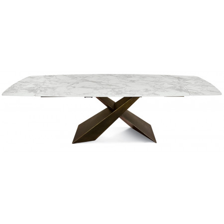 2306  Tavolo con base in metallo finitura bronzo e piano in ceramica effetto marmo bianco