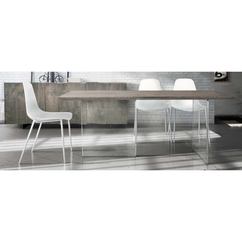 2261 Tavolo fisso con base in vetro e piano rovere massello