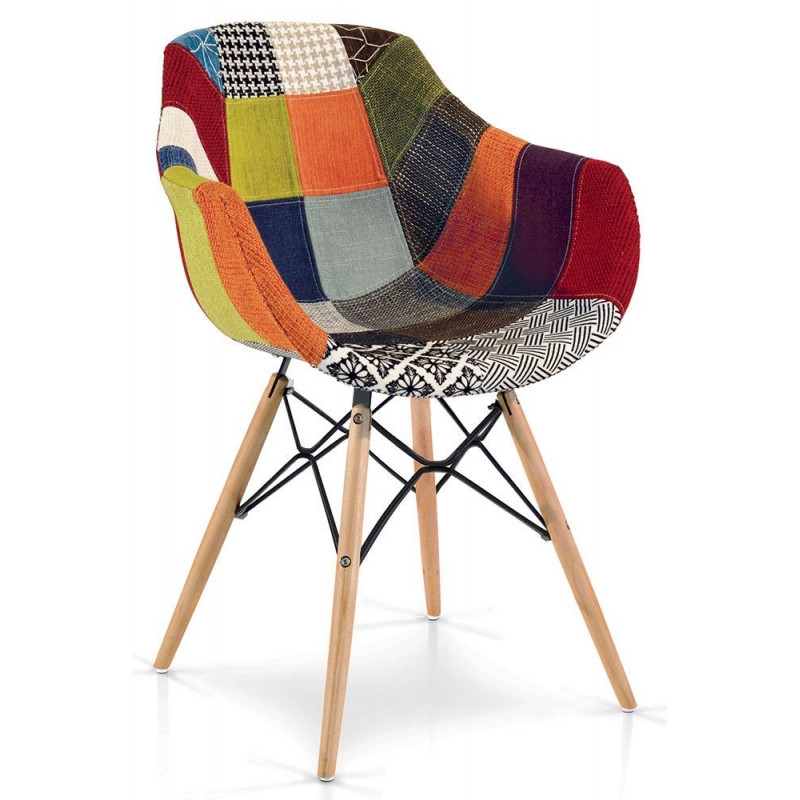 898   Beech wood chair base patchwork fabric upholstered shell