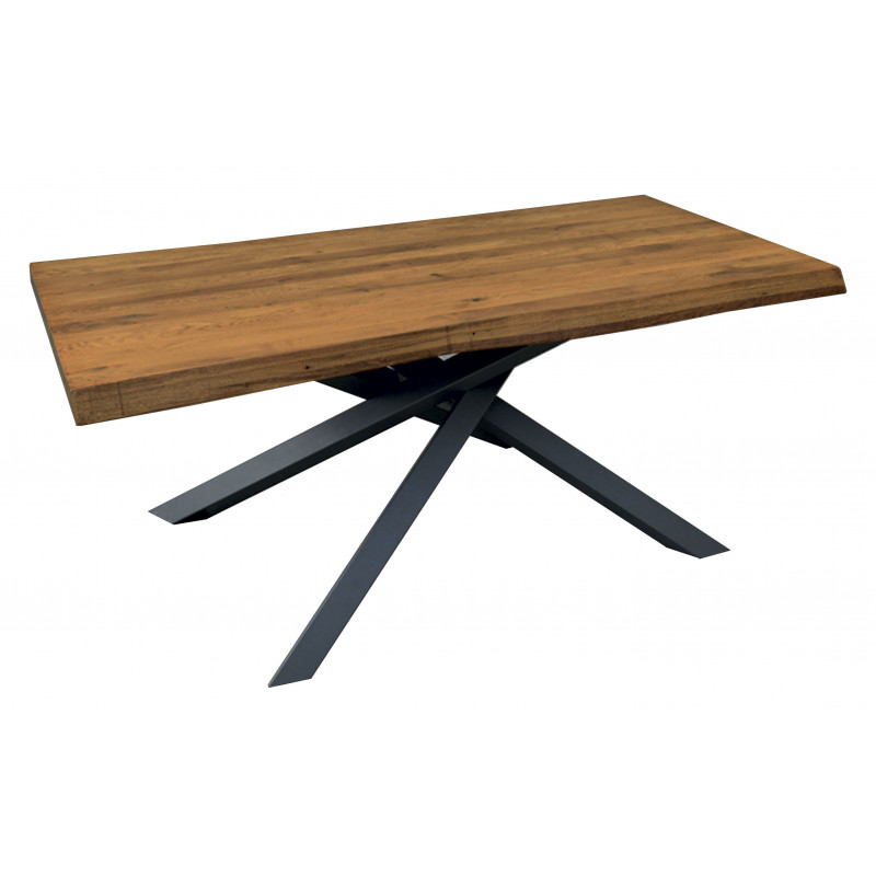 2275 metal table base, solid lamellar knotty durmast wood top wheat finished