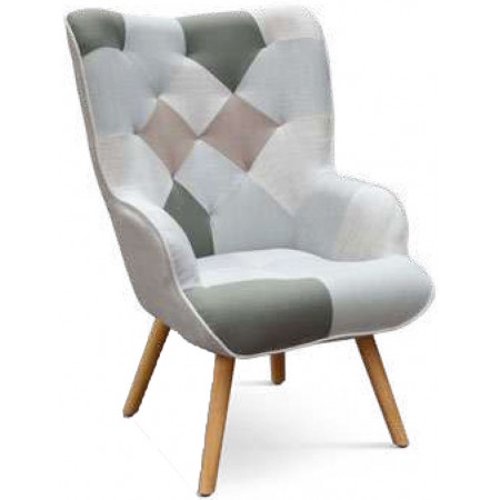 943  Patchwork fabric upholstered seat wooden armchair frame and footrest