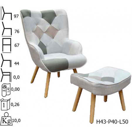 943  Poltrona con poggiapiedi in legno tappezzata patchwork