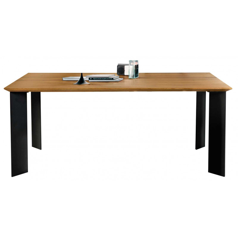 2278 Tavolo fisso con base in metallo e piano in rovere massello nodato finito grano