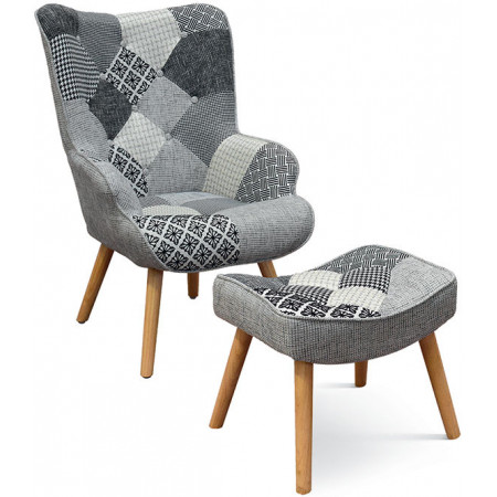 984  Patchwork fabric upholstered seat wooden armchair frame and footrest