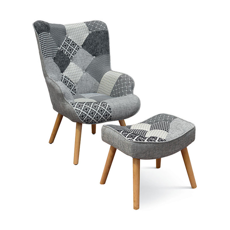 984  Patchwork fabric upholstered seat wooden armchair frame and footrest