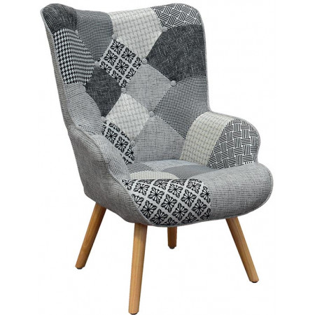 984  Patchwork fabric upholstered seat wooden armchair frame and footrest