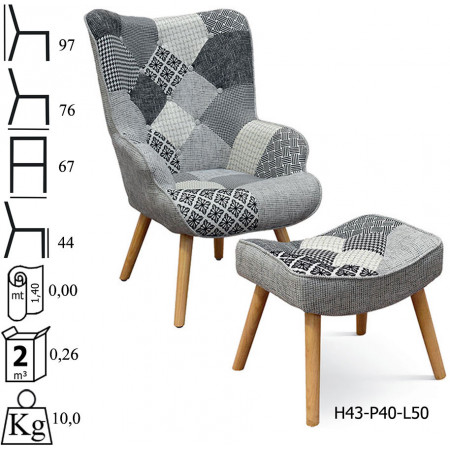 984  Poltrona con poggiapiedi in legno tappezzata patchwork