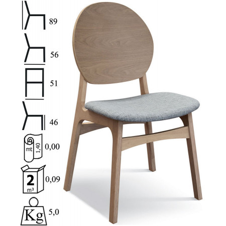 985  Sedia in legno, sedile tappezzato con tessuto grigio