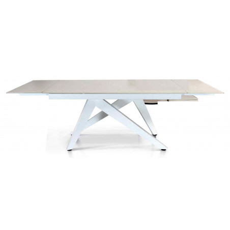 2287 Extending table with metal base and white tempered glass top