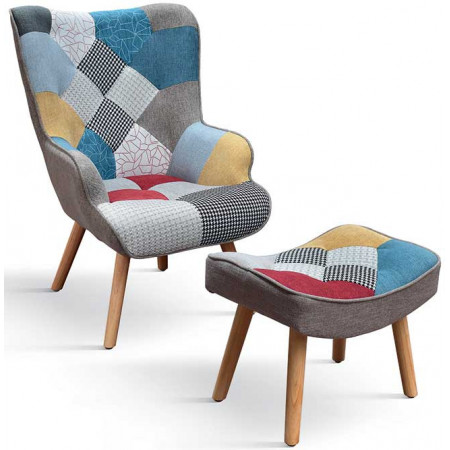 998  Poltrona con poggiapiedi in legno tappezzata patchwork