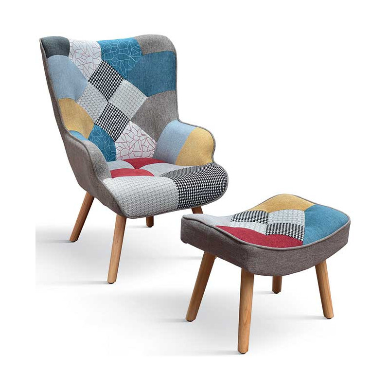 998  Poltrona con poggiapiedi in legno tappezzata patchwork