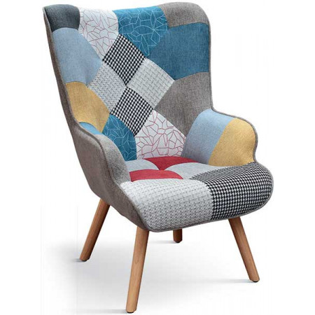 998  Poltrona con poggiapiedi in legno tappezzata patchwork