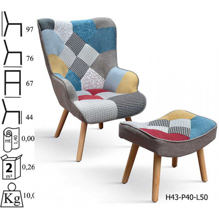 998  Patchwork fabric upholstered seat wooden armchair frame and footrest