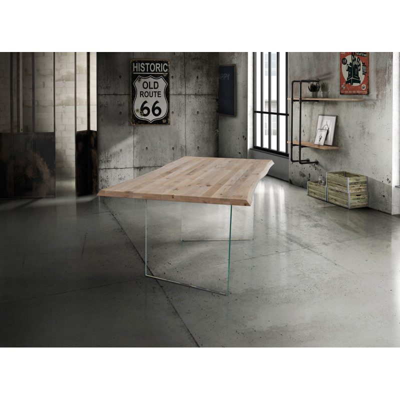 2258 Tavolo fisso con base in vetro temperato e piano in rovere massello