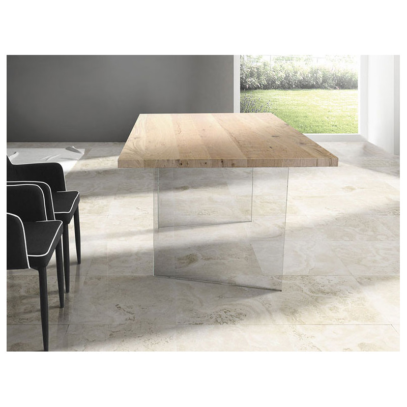 2259 Tempered glass table base, durmast wood table top