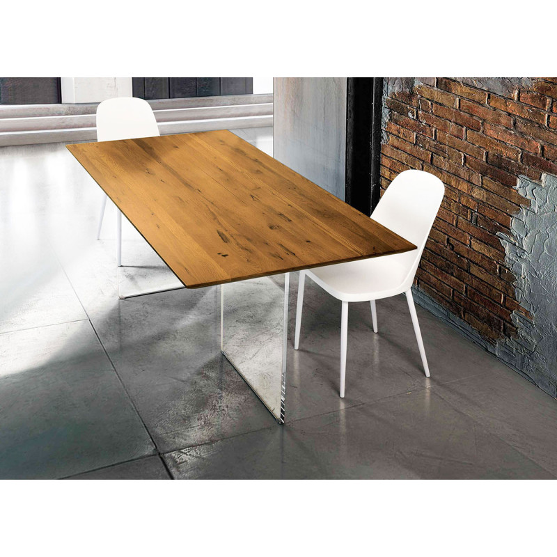 2260 Tavolo fisso con base in vetro temperato e piano in rovere massello
