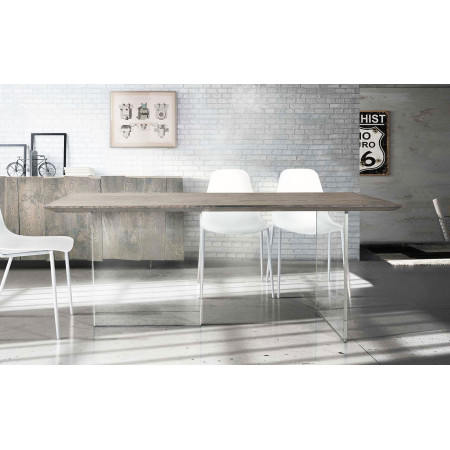 2261 Tempered glass table base, solid durmast wood table top
